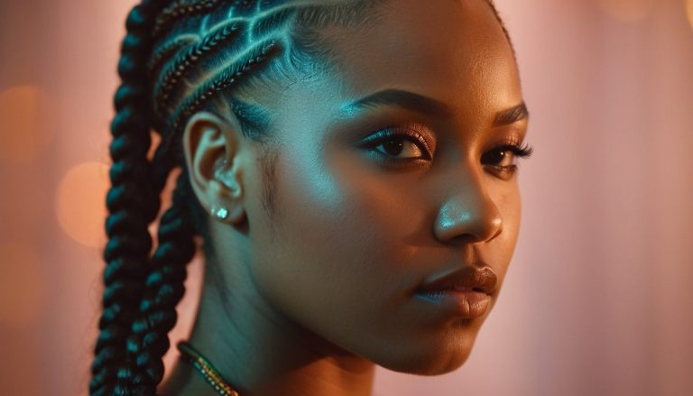 A black women in Goddess Cornrow Braids