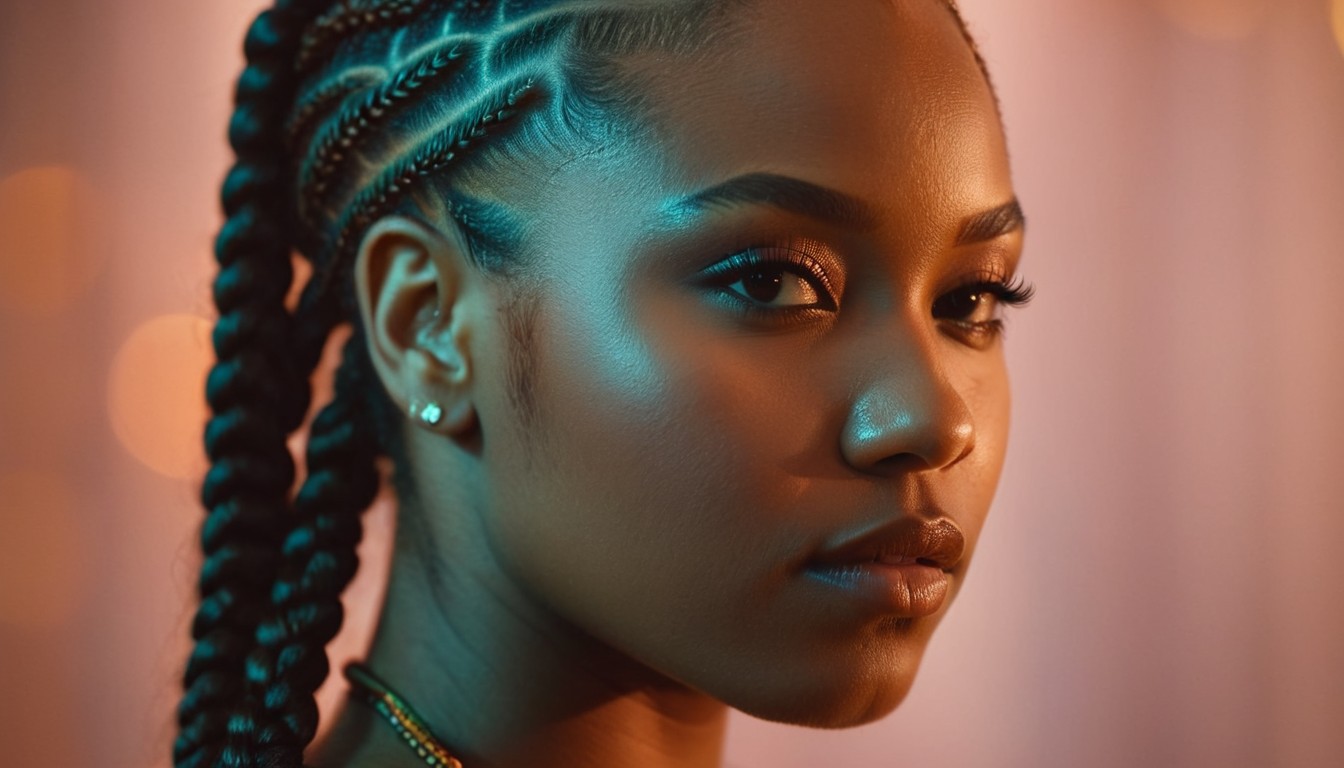 A black women in Goddess Cornrow Braids