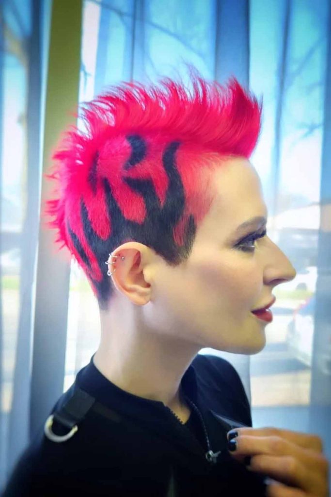 Bright Pink Mohawk With Black Fire Pattern