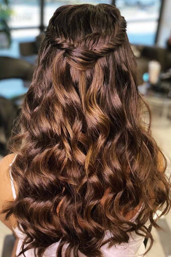 Half Up Half Down Fishtail Braid on Crown Area on Wavy Long Hair