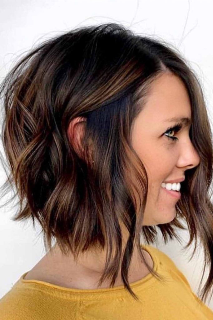 Long Angled Wavy Bob with Brown Highlights