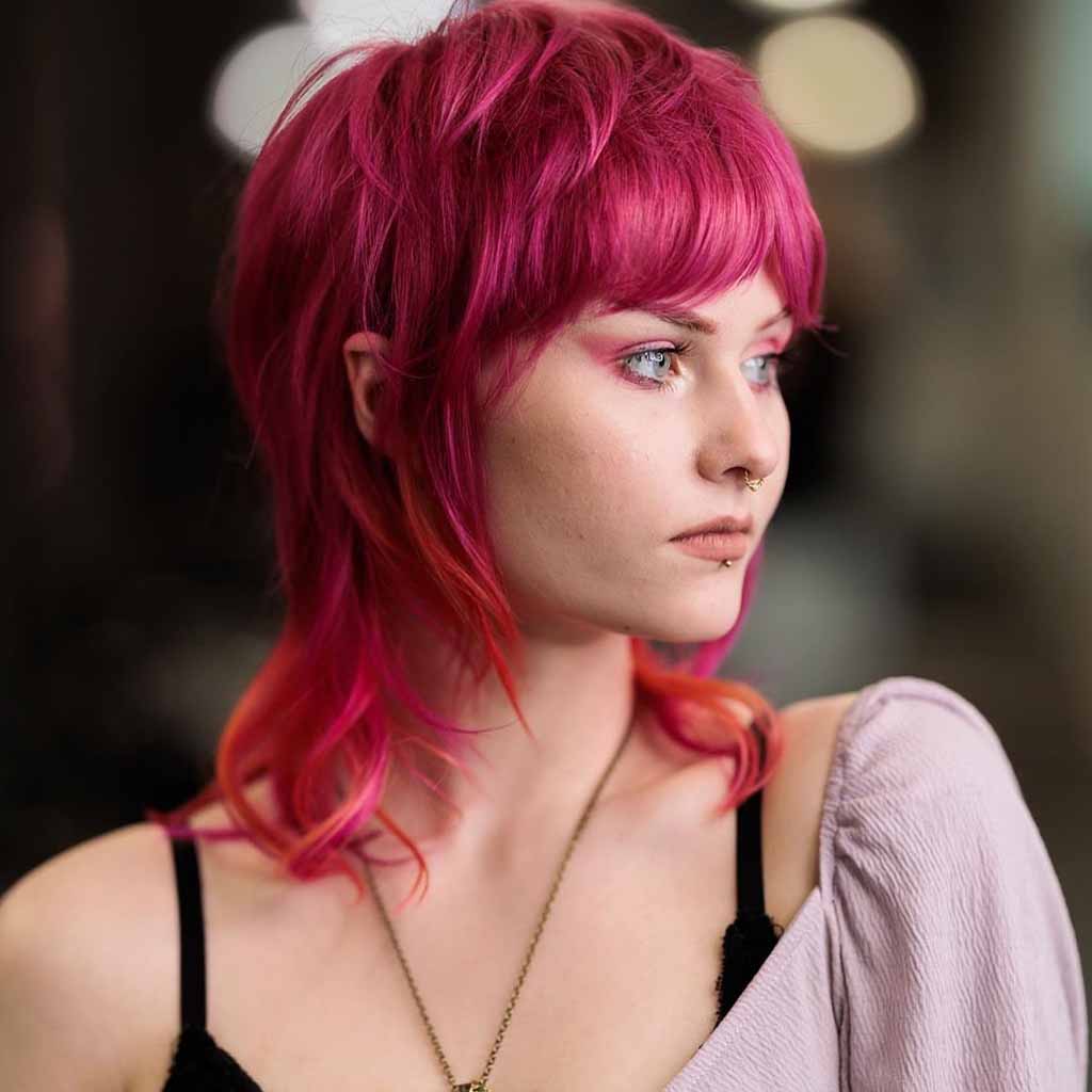 Pink Mullet Wolf Cut With Curtain Bangs