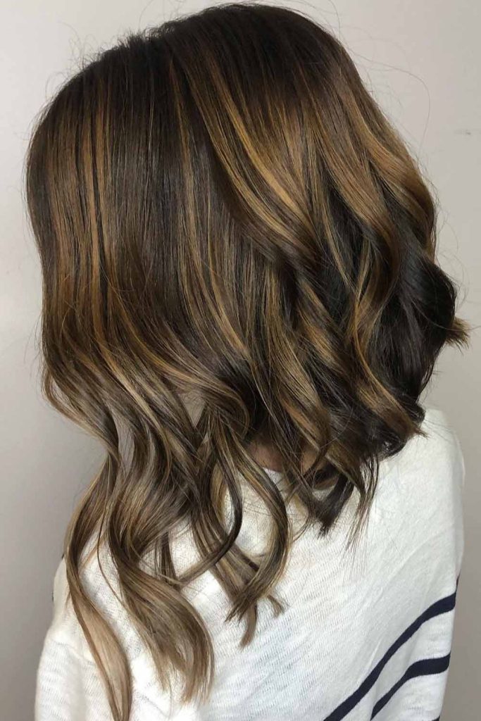 Brunette Caramel Balayage on Long Wavy Bob