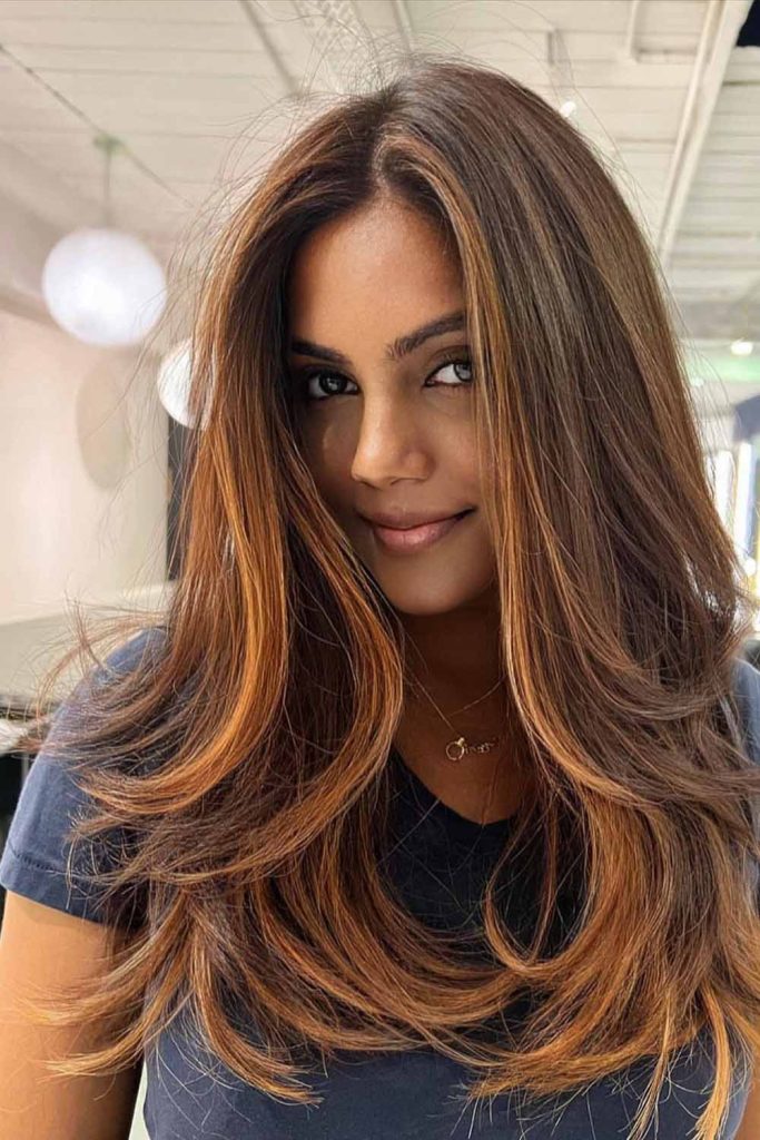 Chestnut Face Framing Highlights on Layered Hair