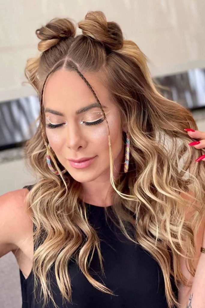 Playful Double Buns With Loose Waves