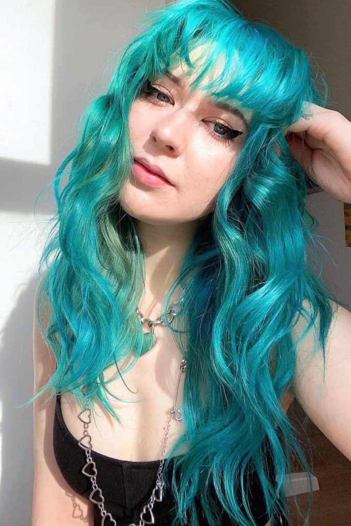 Wavy Sea Green Hair With Bangs