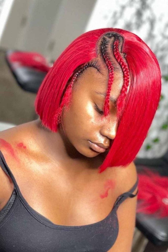 Chic Red Bob With Intricate Cornrows