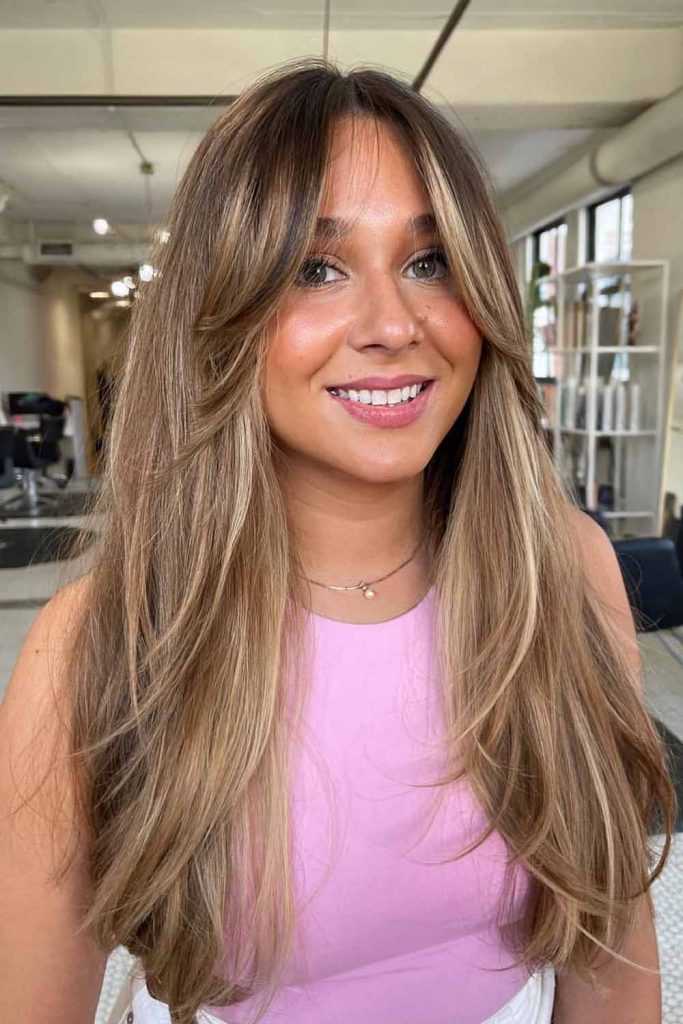 Long Balayage Hair With Curtain Bangs