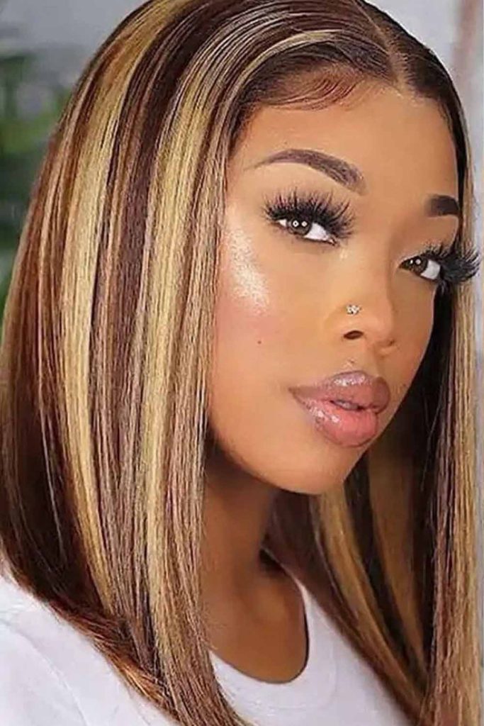 Brown Long Angled Bob with Golden Highlights