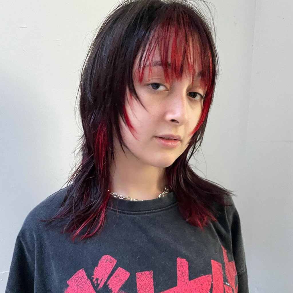Mullet Wolf Cut With Ruby Red Choppy Bangs