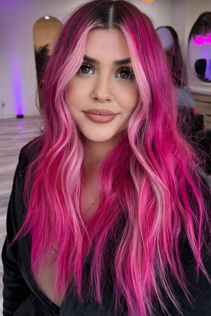 Pink Highlights on Long Wavy Hair