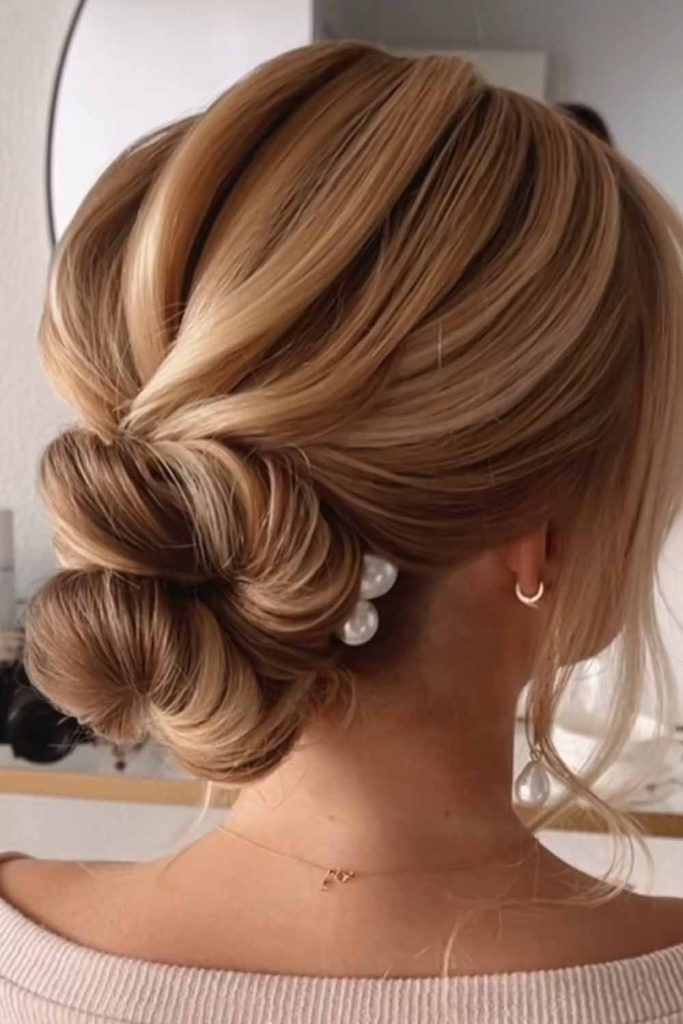 Triple Twisted Low Bun With Pearl Accents