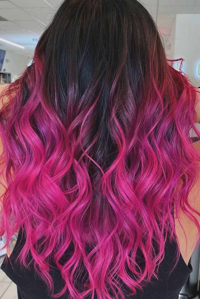Black Hair With Beachy Waves and Pink Balayage