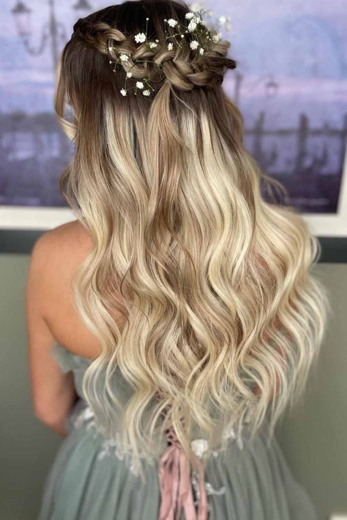 Long Wavy Bronde Hair with Messy Braid on Crown with Tendrils in Front