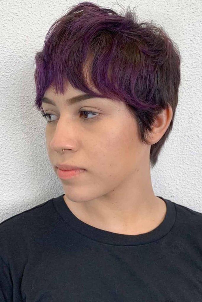 Razor Pixie Cut With Purple Highlights and Bangs