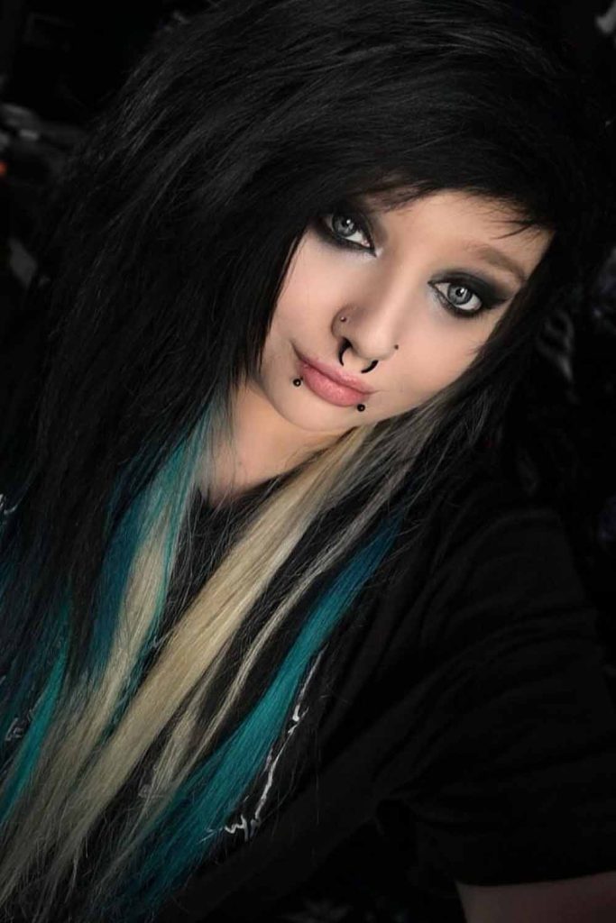 Black Emo Cut With Blonde Blue Highlights