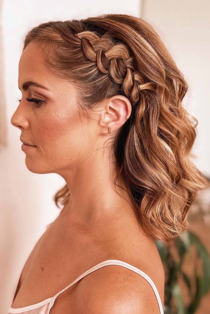 Medium Wavy Hair With Pull-Through Side Braid Tucked Behind the Ear