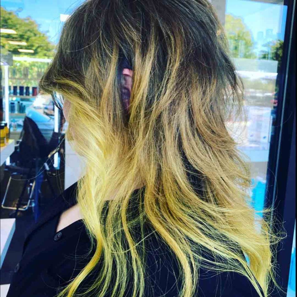 Octopus Haircut on long Wavy Black-Lemon Yellow Hair