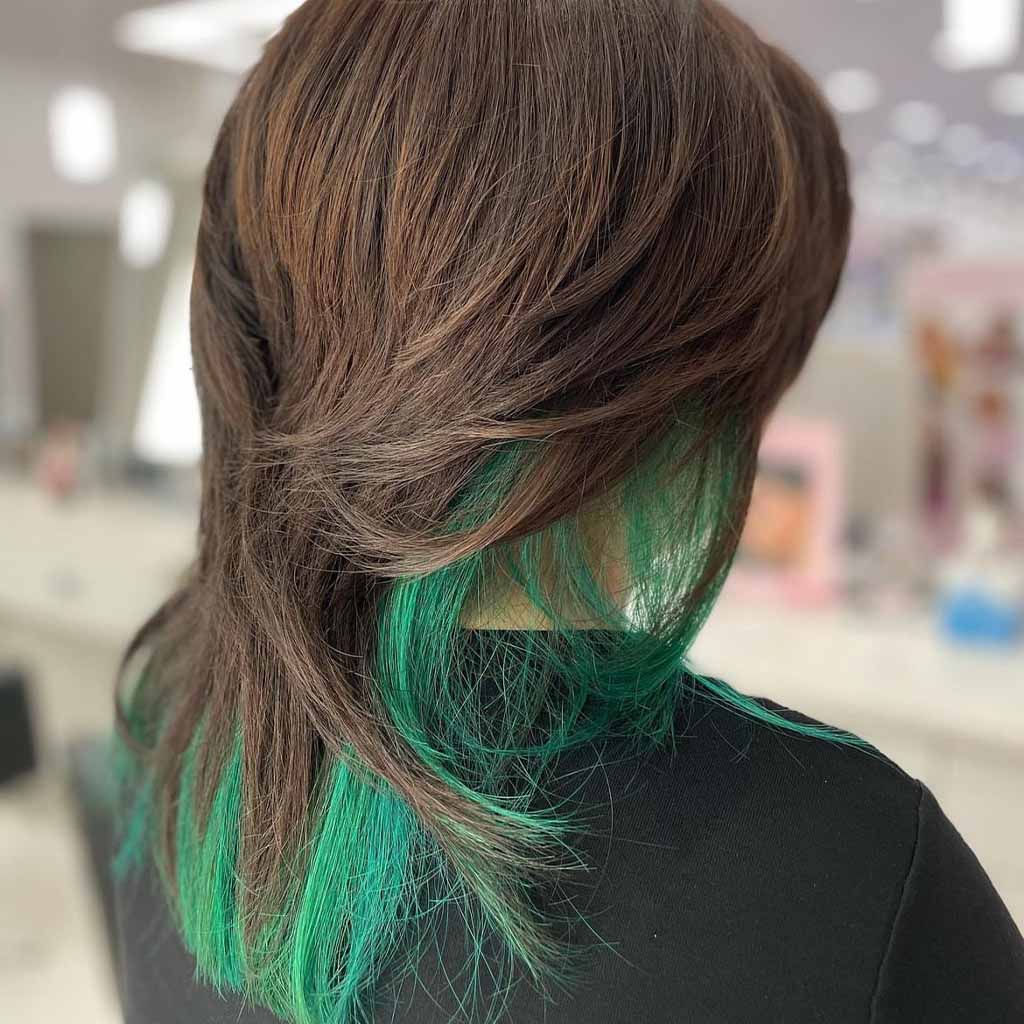 Brown Korean Wolf Cut With Teal Peek-a-Boo