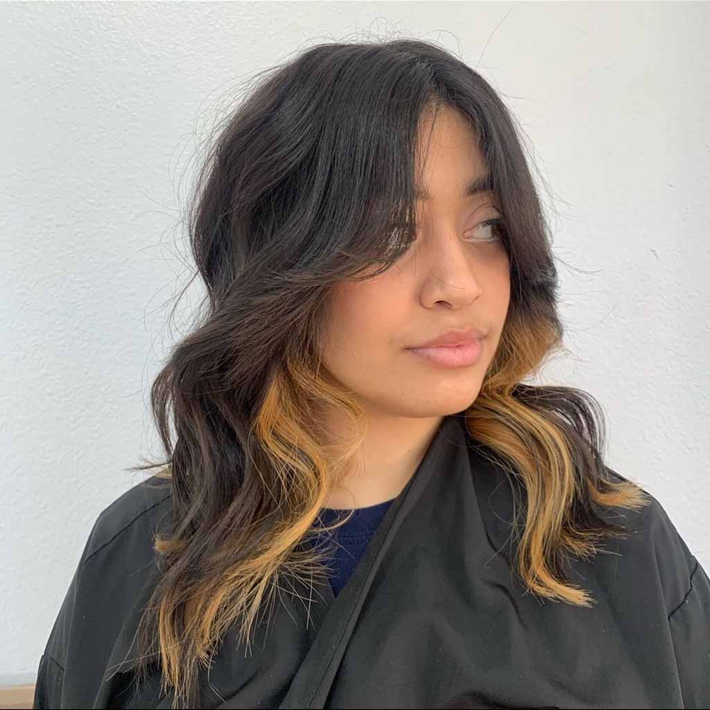 Wavy Mullet Wolf Cut With Golden Ends and Curtain Bangs