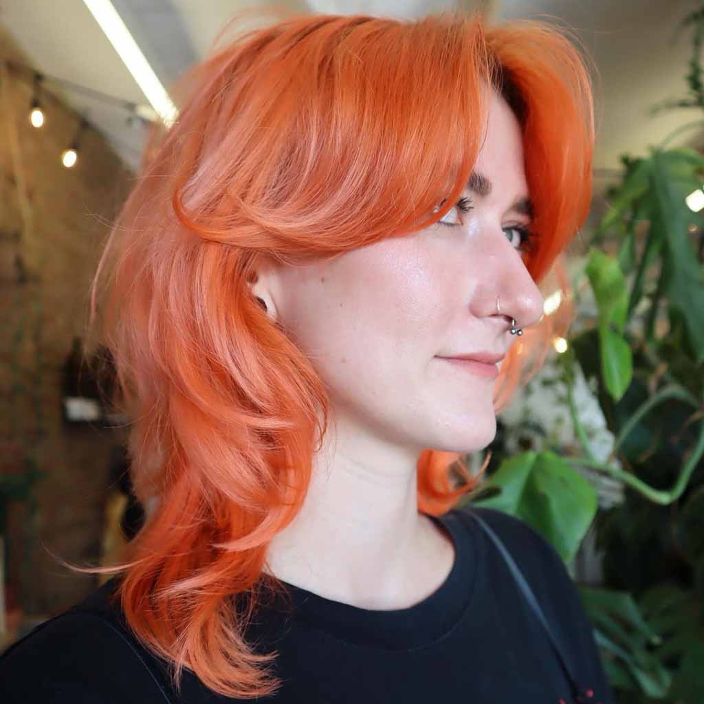 Wavy Orange Mullet Wolf Cut With Curtain Bangs