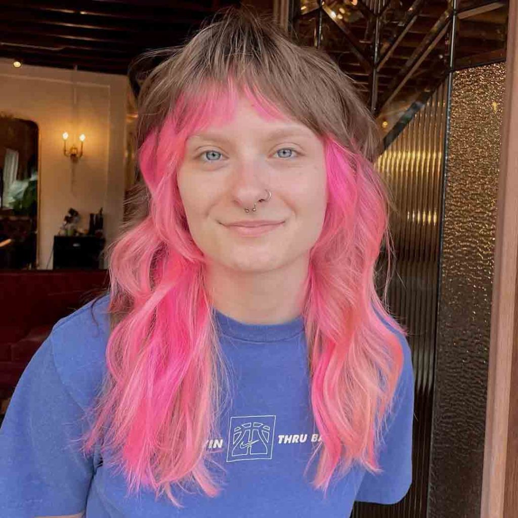 Brown-Pink Shag Cut With Fringe Bangs