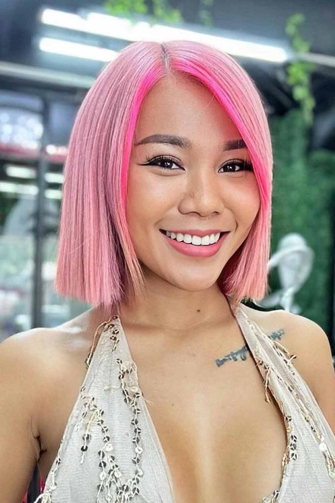 Straight Pink Bob With Neon Pink Money-Piece Highlight