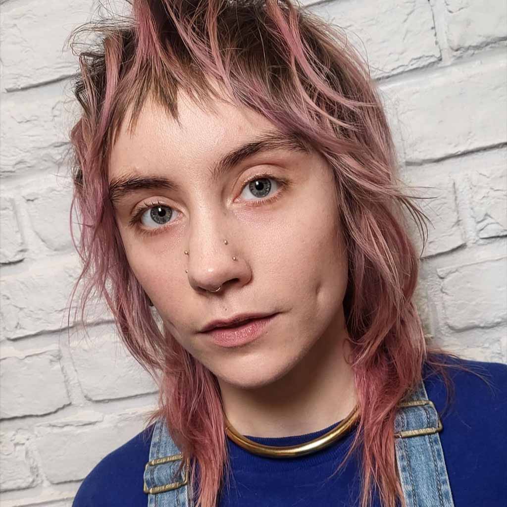 Pink Brown Duo-Toned Short Mullet Wolf Cut With Micro Bangs