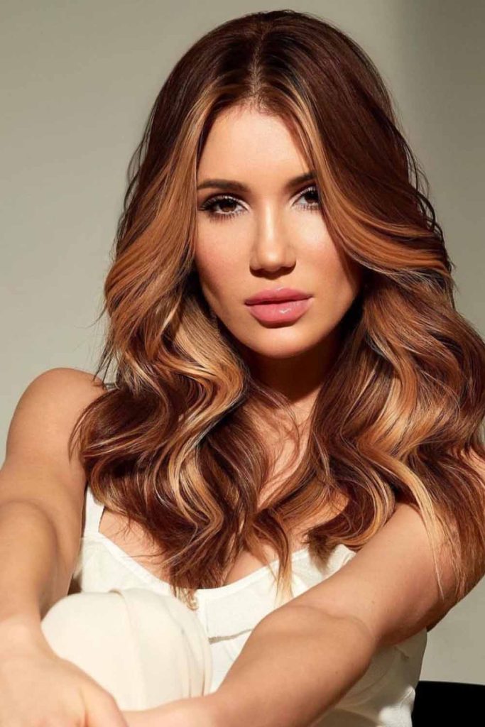 Chestnut Caramel Highlights on Long Wavy Hair
