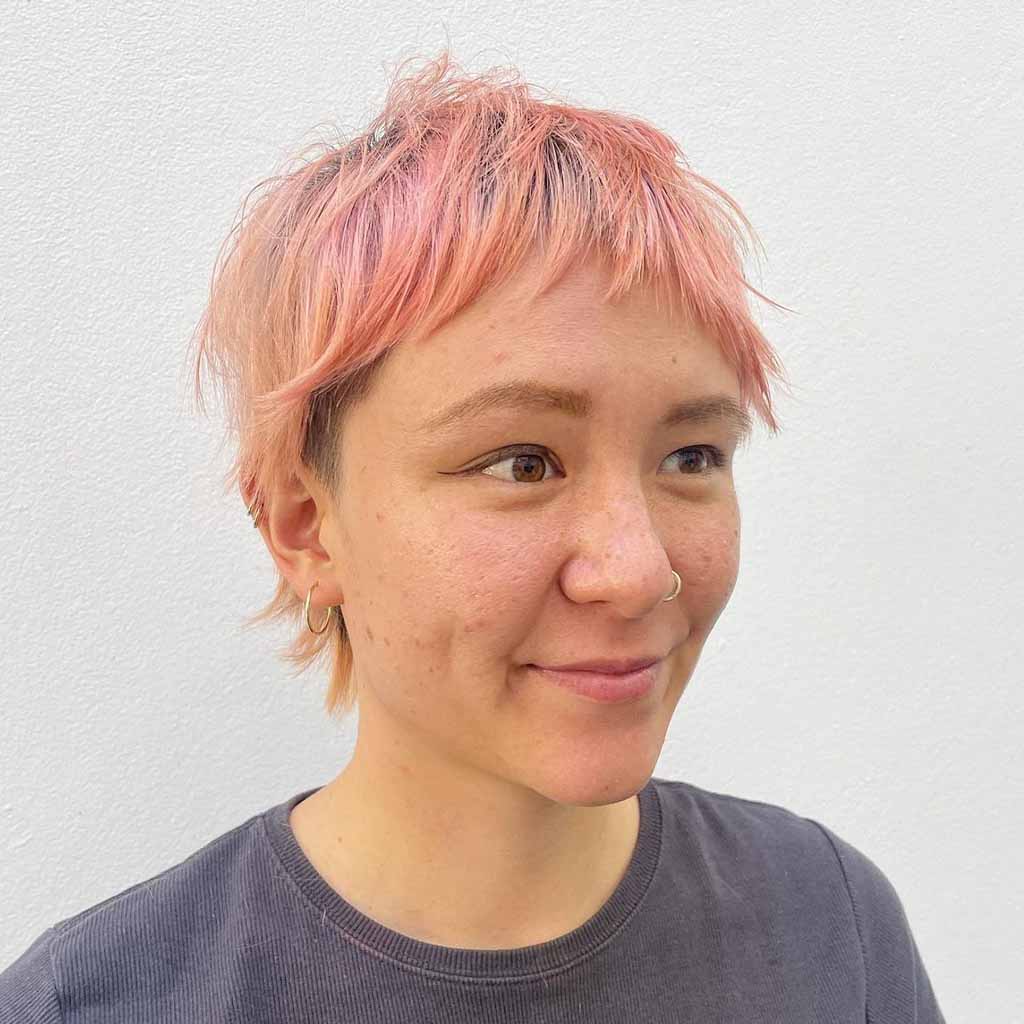 Pink Pixie Mullet Wolf Cut With Asymmetrical Bangs