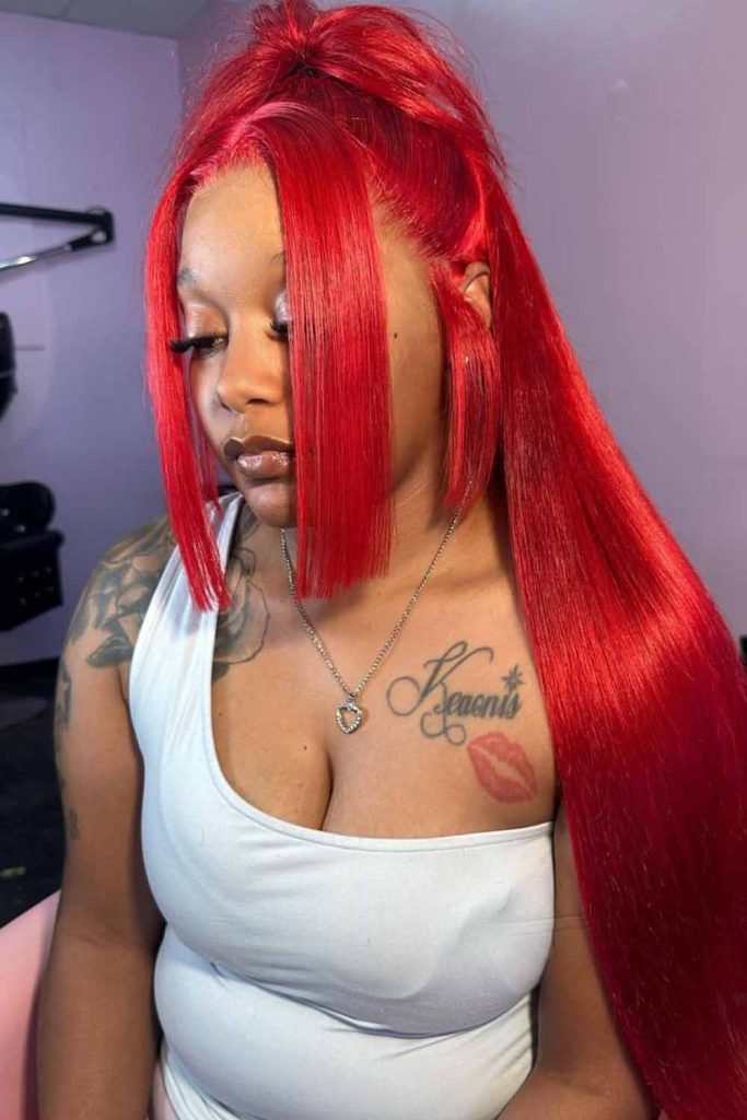 Sleek and Straight High Ponytail With Red Weave