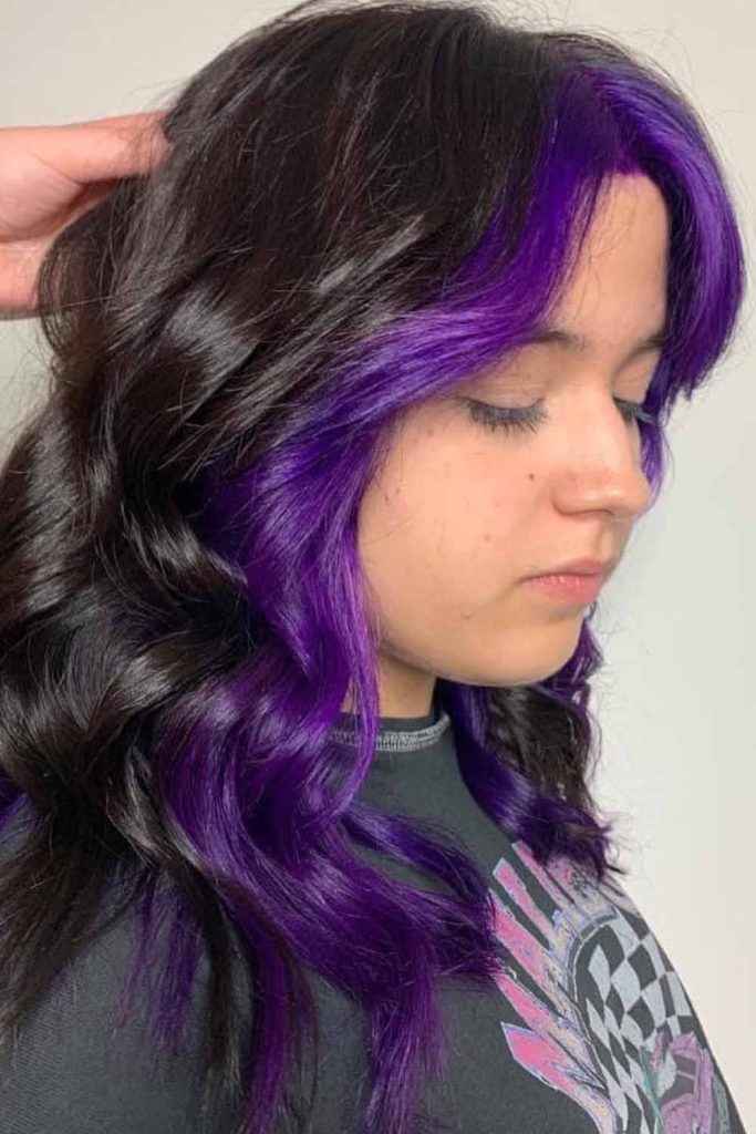 Wavy Medium Layered Haircut With Purple Money-Piece Highlight