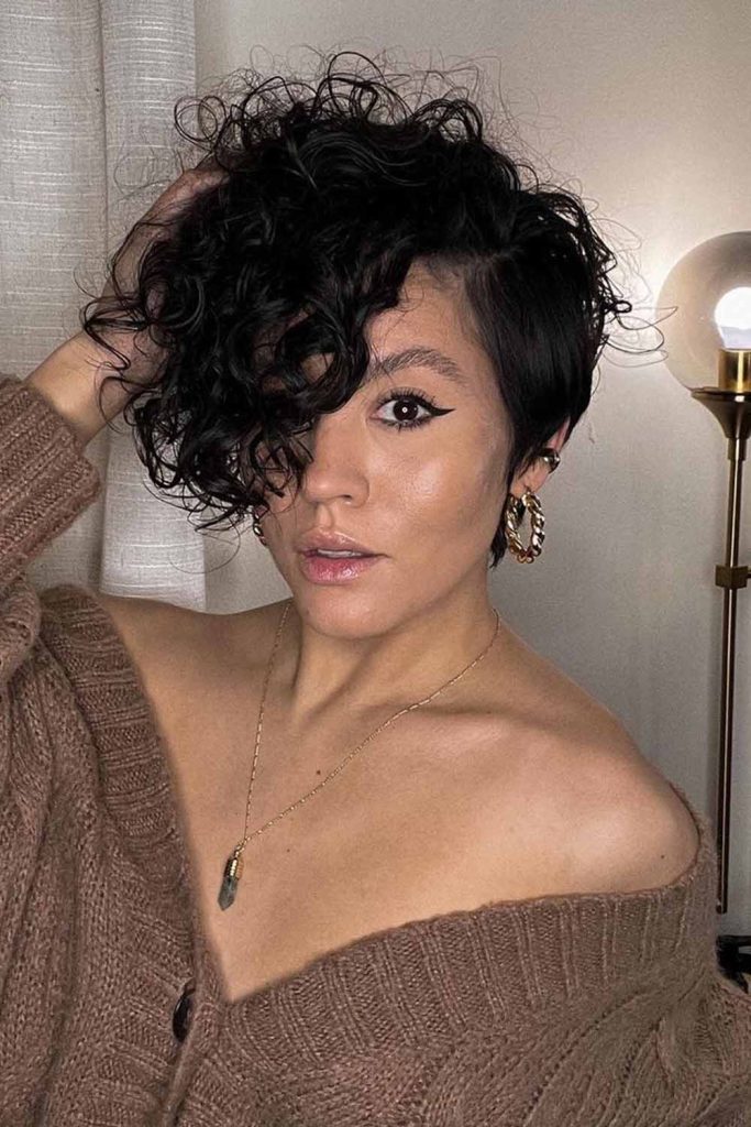 Bixie Cut on Curly Side-Swept Hair