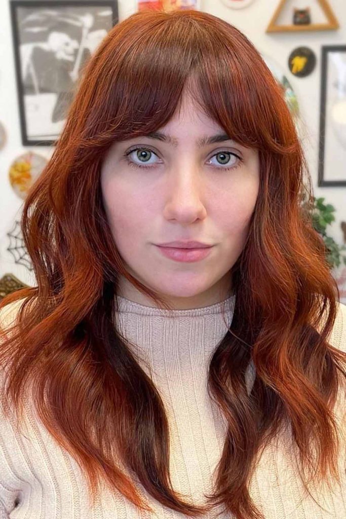 Natural Chestnut Wavy Hair With Curtain Bangs