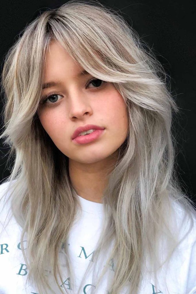 Curtain Bangs on Ash Blonde Shag Hair