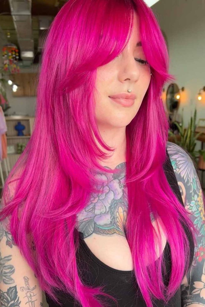 Long Hot Pink Layered Hair With Curtain Bangs