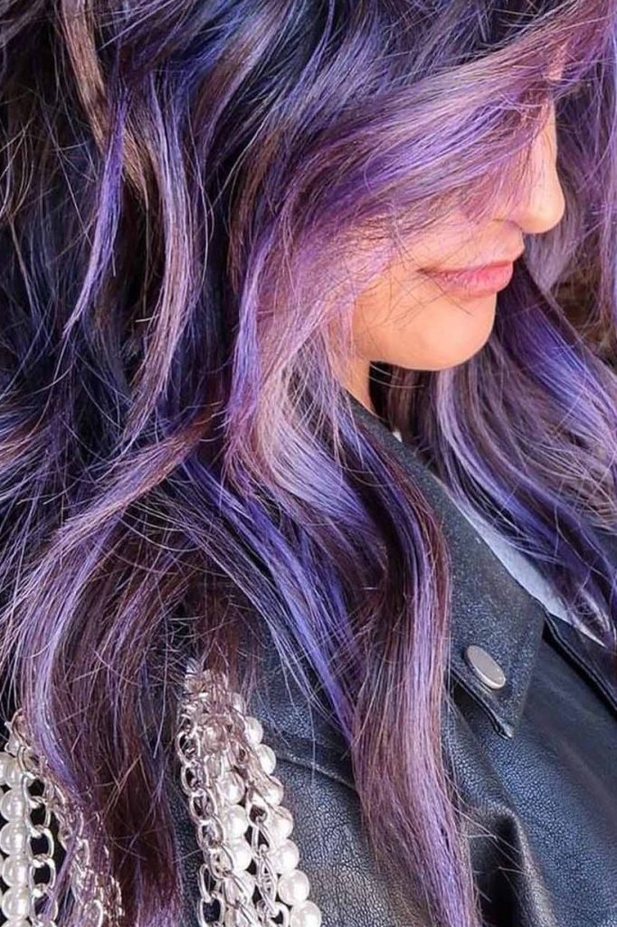 Multi-Colored Purple Highlights on Long Hair