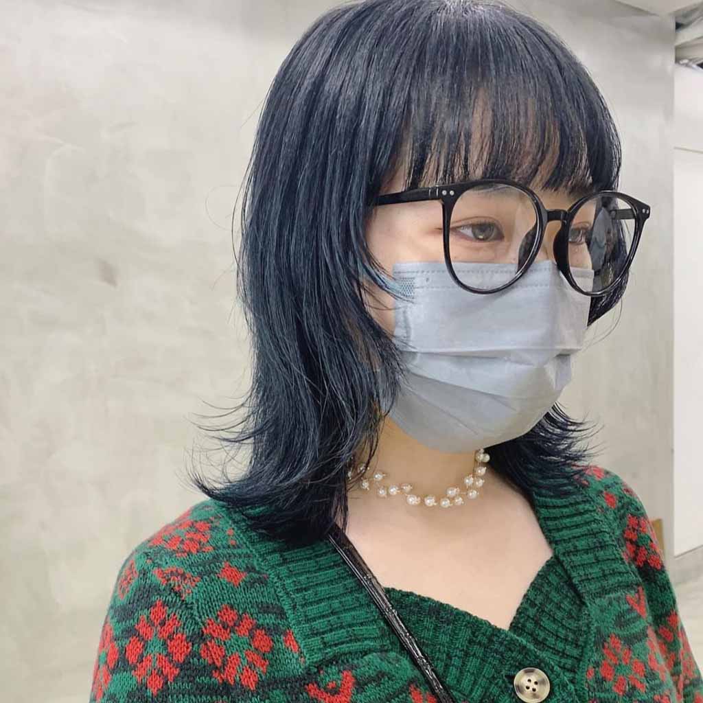 Blue-Black Medium Wolf Cut With Choppy Bangs