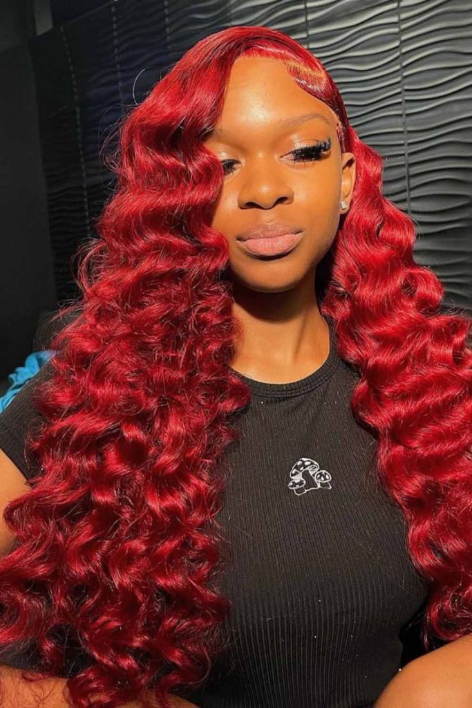 Flawless Deep Red Waves With Side Part