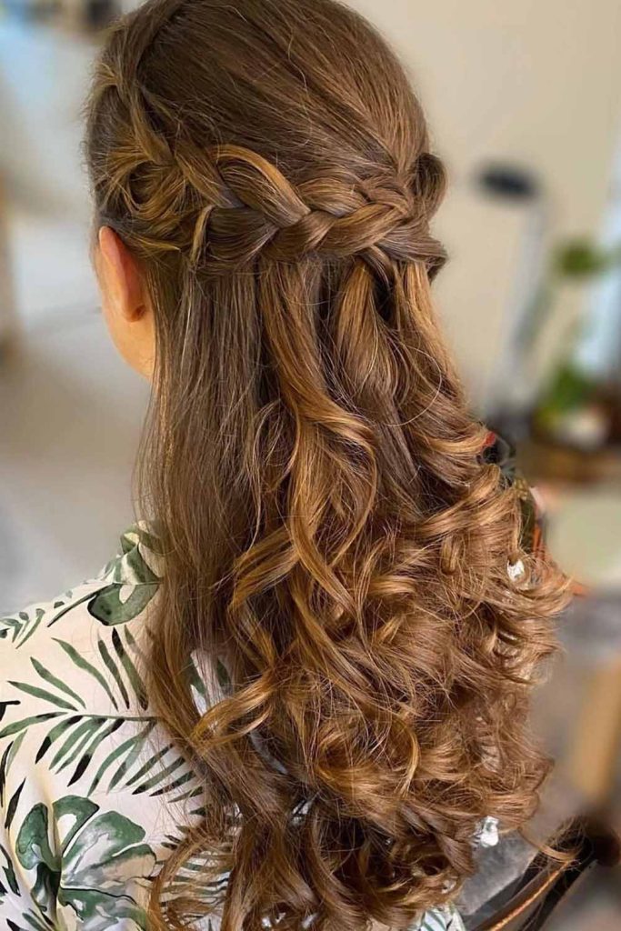 Long Brunette Hair with Braided Crown and Curls on the End