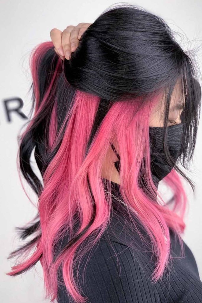 Black Wavy Hair With Pink Peek-a-Boo Highlights