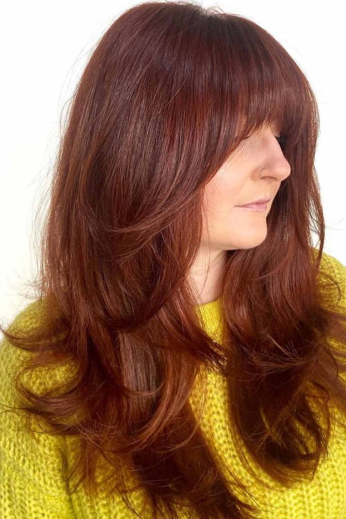 Layered Blowout Chestnut Hair With Bangs